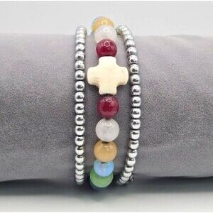 Paul's Story Gemstone and Glass Beaded Silver Tone Memory Wire Bible Bracelet